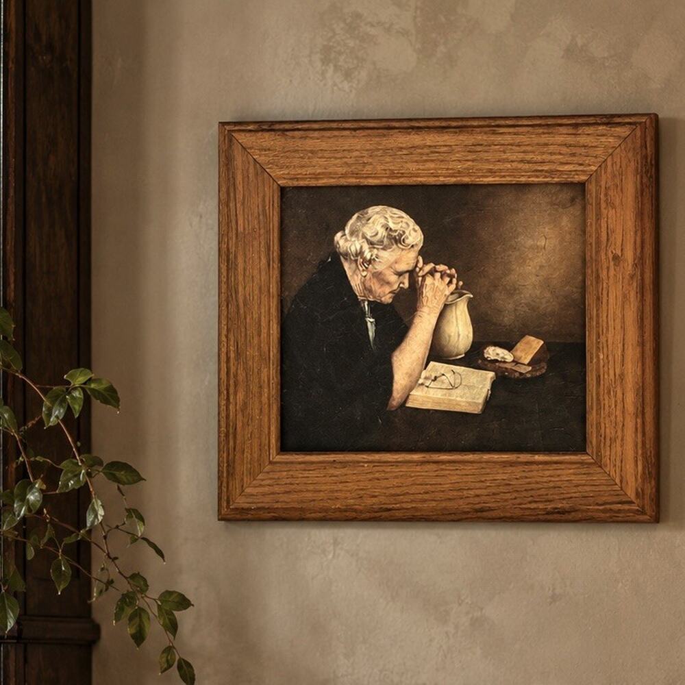 “Gratitude” Elderly Woman Praying Framed Textured Print 13”X12” VTG Wood Frame